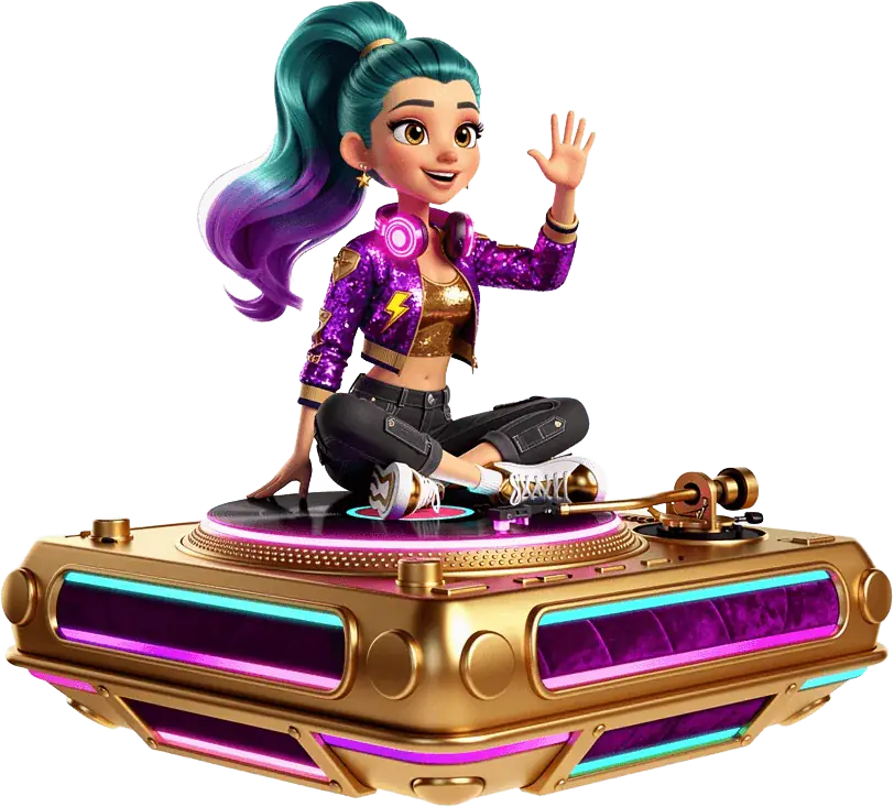 Vee waving from a giant golden DJ turntable